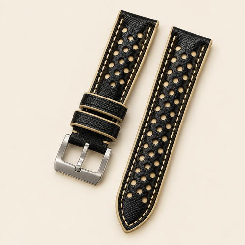 Black Cream Beige Rally Watch Strap – Handstitched Epsom Leather with Racing Holes