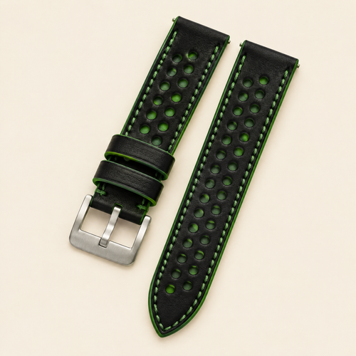 Black & Green Rally Watch Strap – Handstitched Swift Leather with Racing Holes