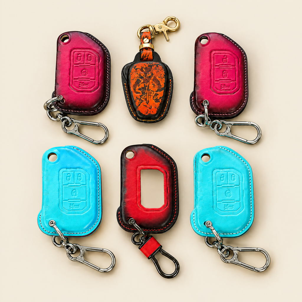 Leather Key Fob Cover Compatible with Jeep Wrangler & Gladiator Flip Key – Handstitched Smart Key Case