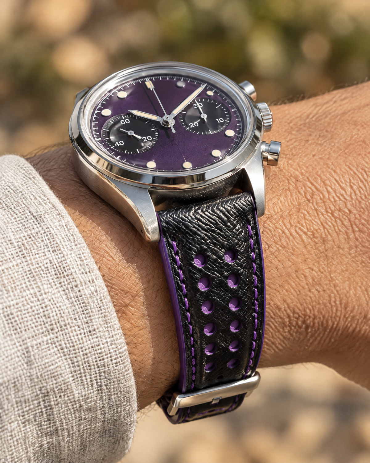 Black Purple Rally Watch Strap – Handstitched Epsom Leather with Racing Holes