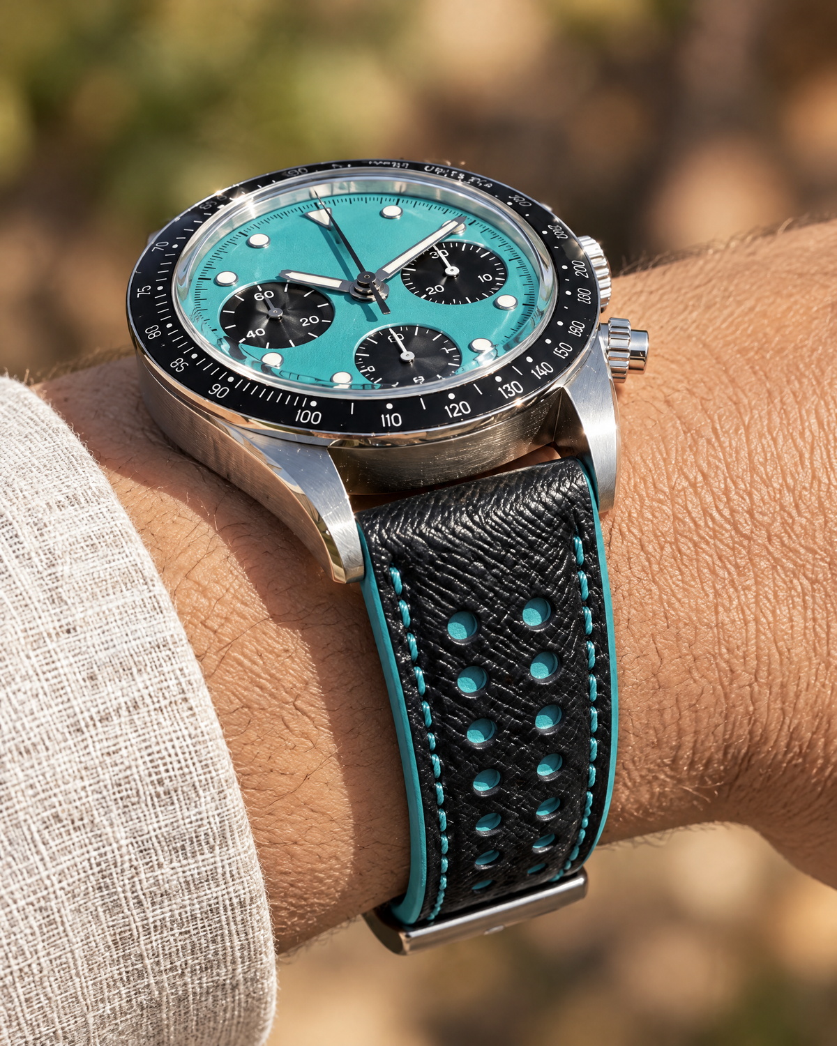 Black Turquoise Rally Watch Strap – Handstitched Epsom Leather with Racing Holes
