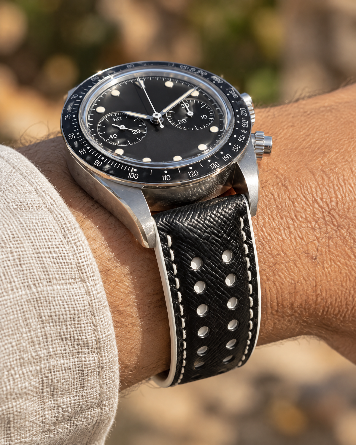 Black White Rally Watch Strap – Handstitched Epsom Leather with Racing Holes