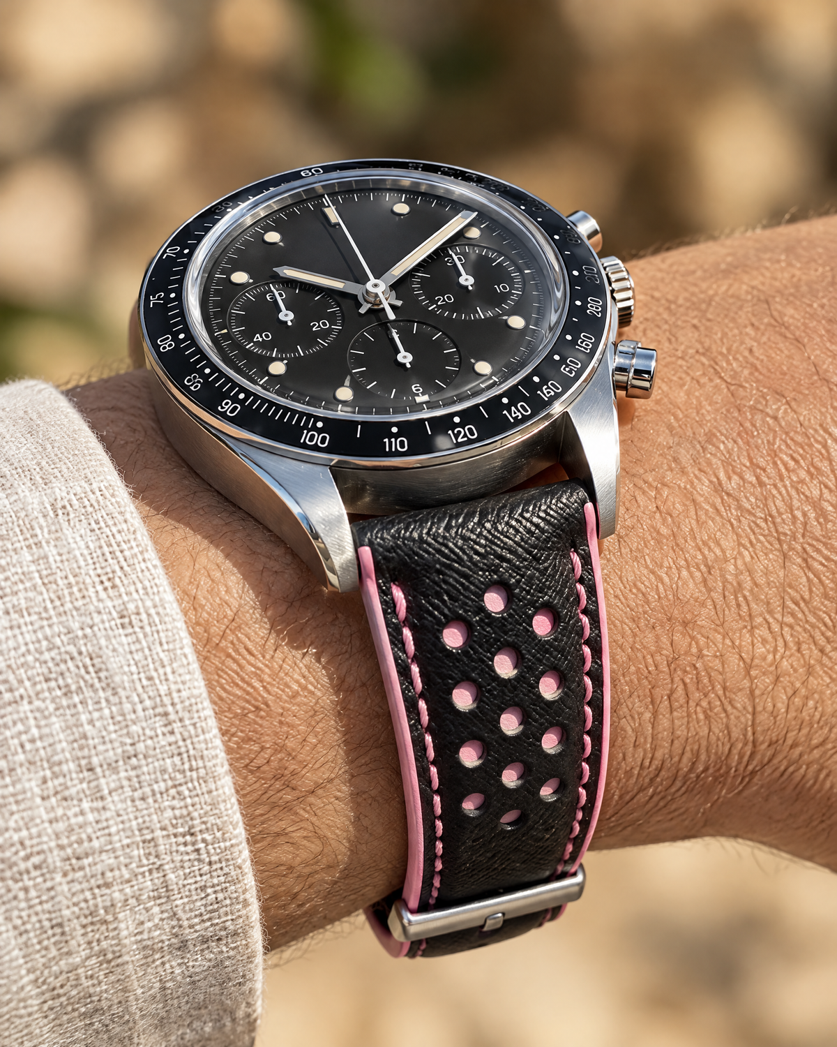Black Pink Rally Watch Strap – Handstitched Epsom Leather with Racing Holes