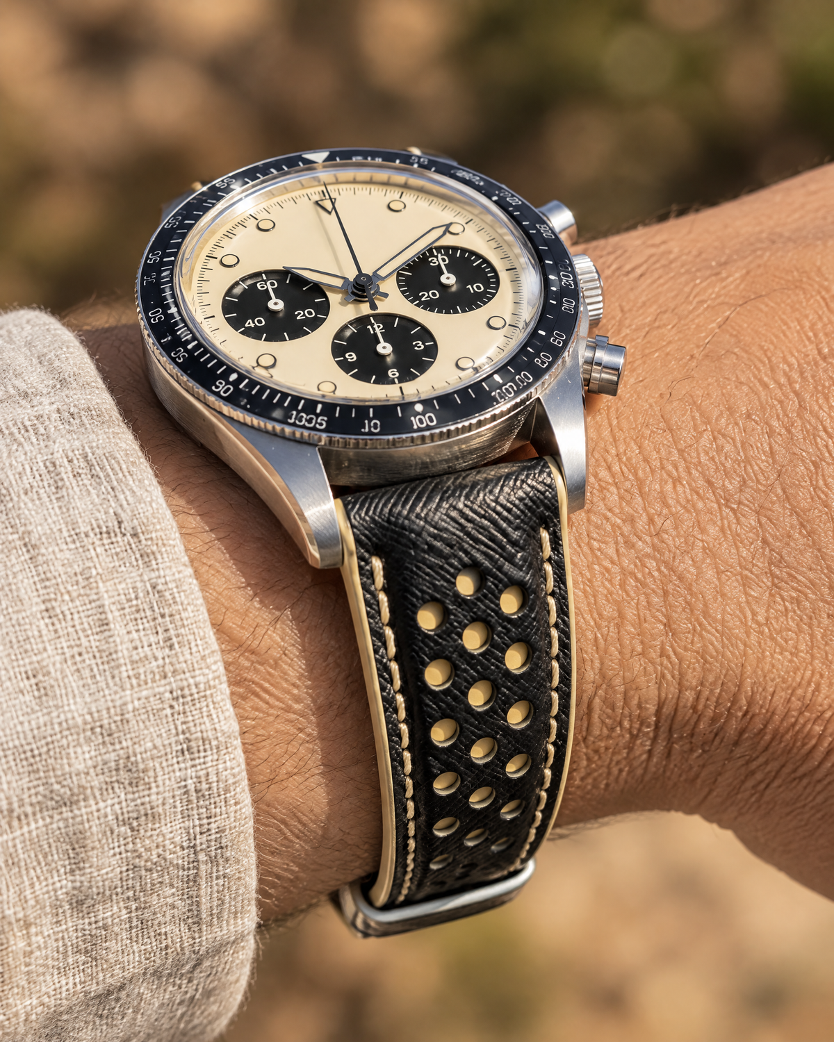 Black Cream Beige Rally Watch Strap – Handstitched Epsom Leather with Racing Holes