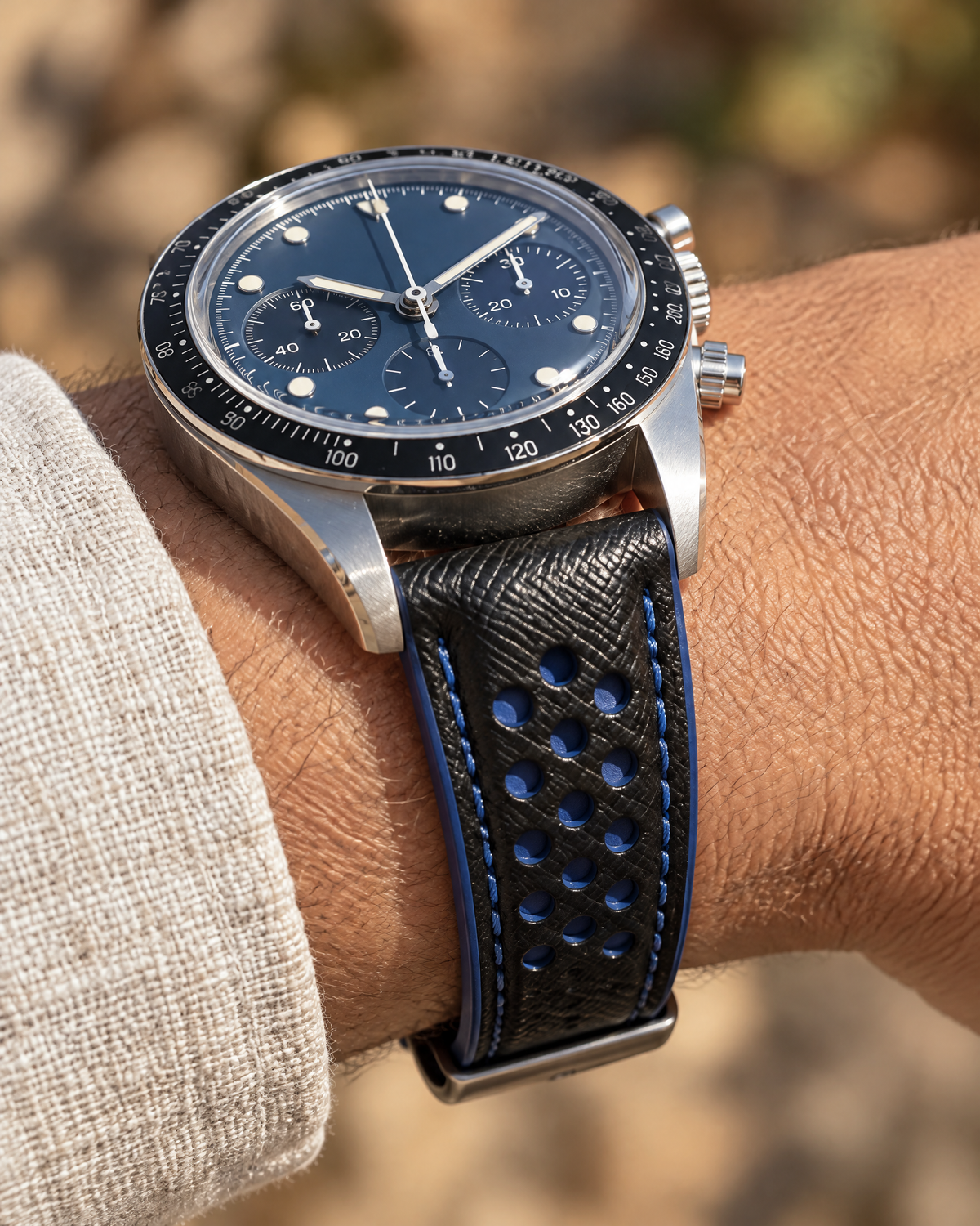 Black Blue Rally Watch Strap Padded – Handstitched Epsom Leather with Racing Holes