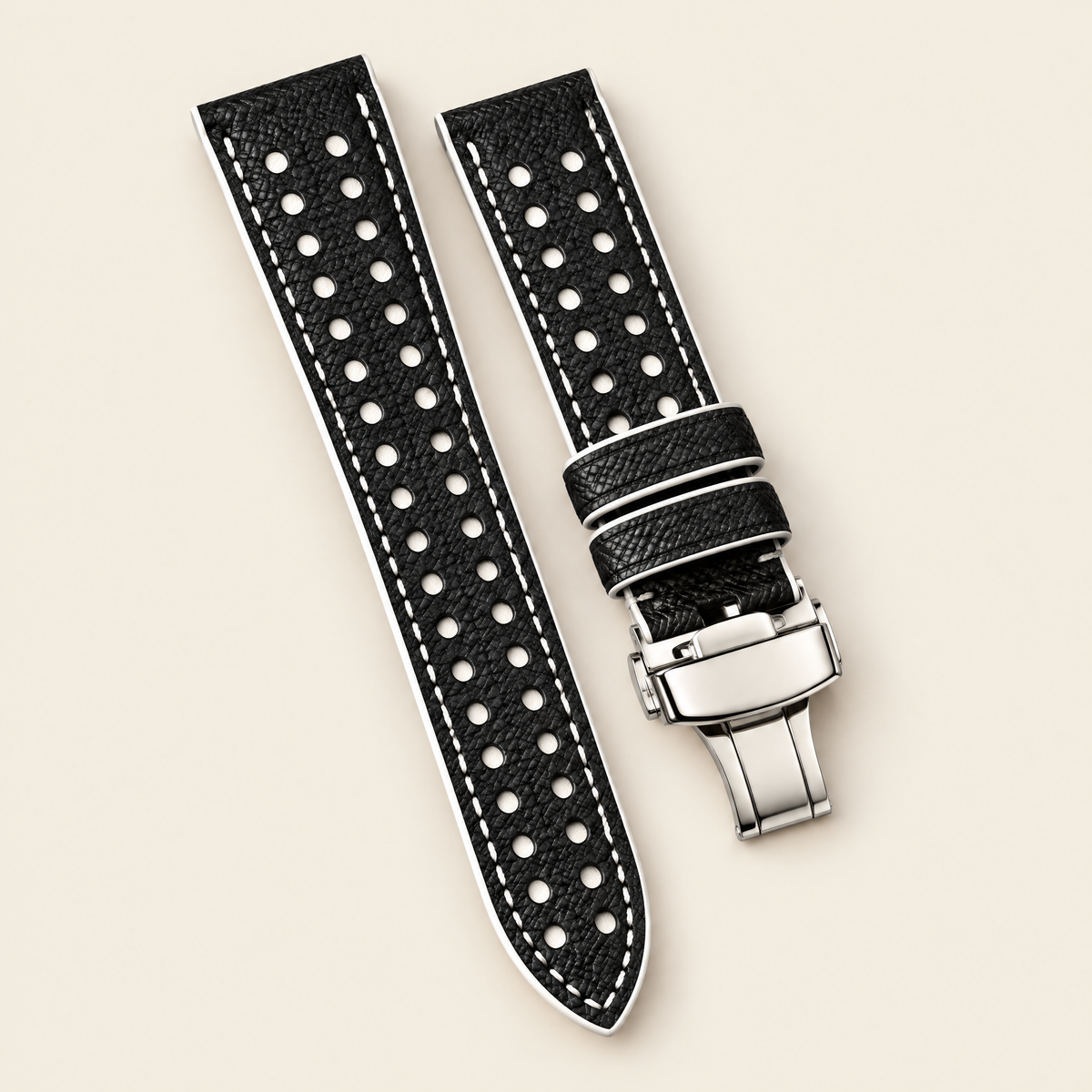 Black White Rally Watch Strap – Handstitched Epsom Leather with Racing Holes with Deployant Clasp