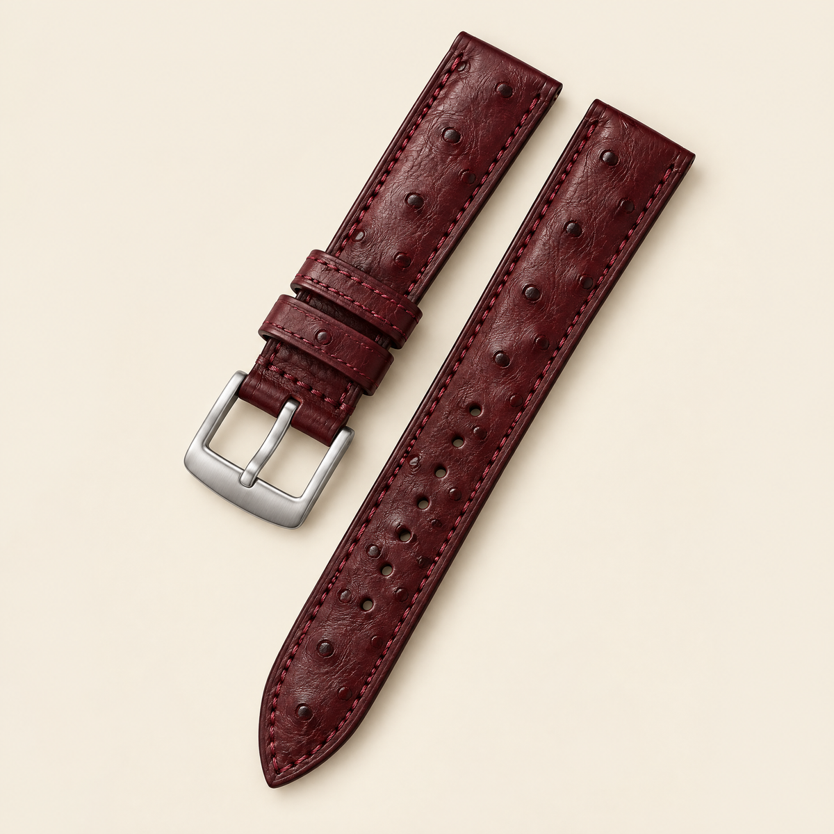 Oxblood Smooth Ostrich Leather Watch Strap – Handstitched