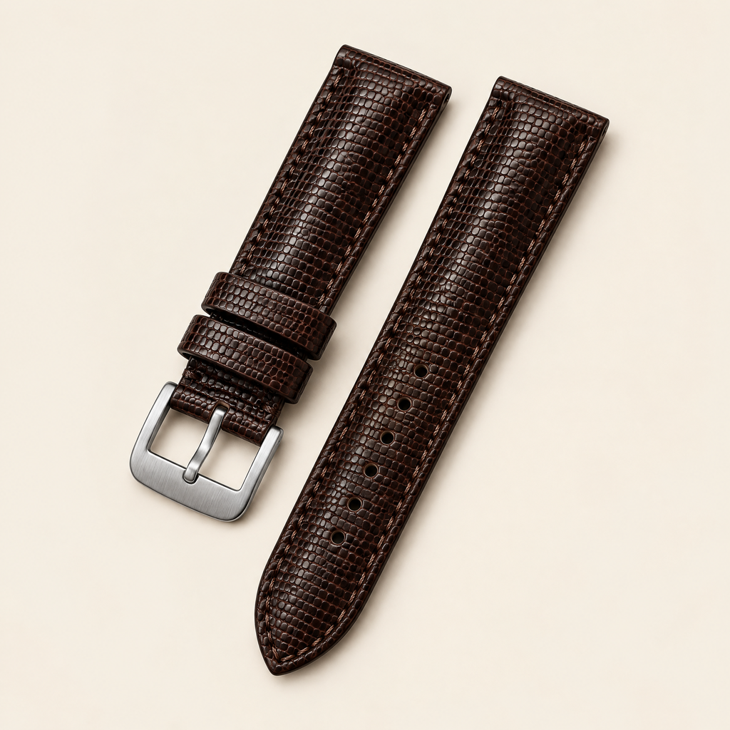 Dark Brown Lizard Leather Watch Strap – Handstitched, Padded