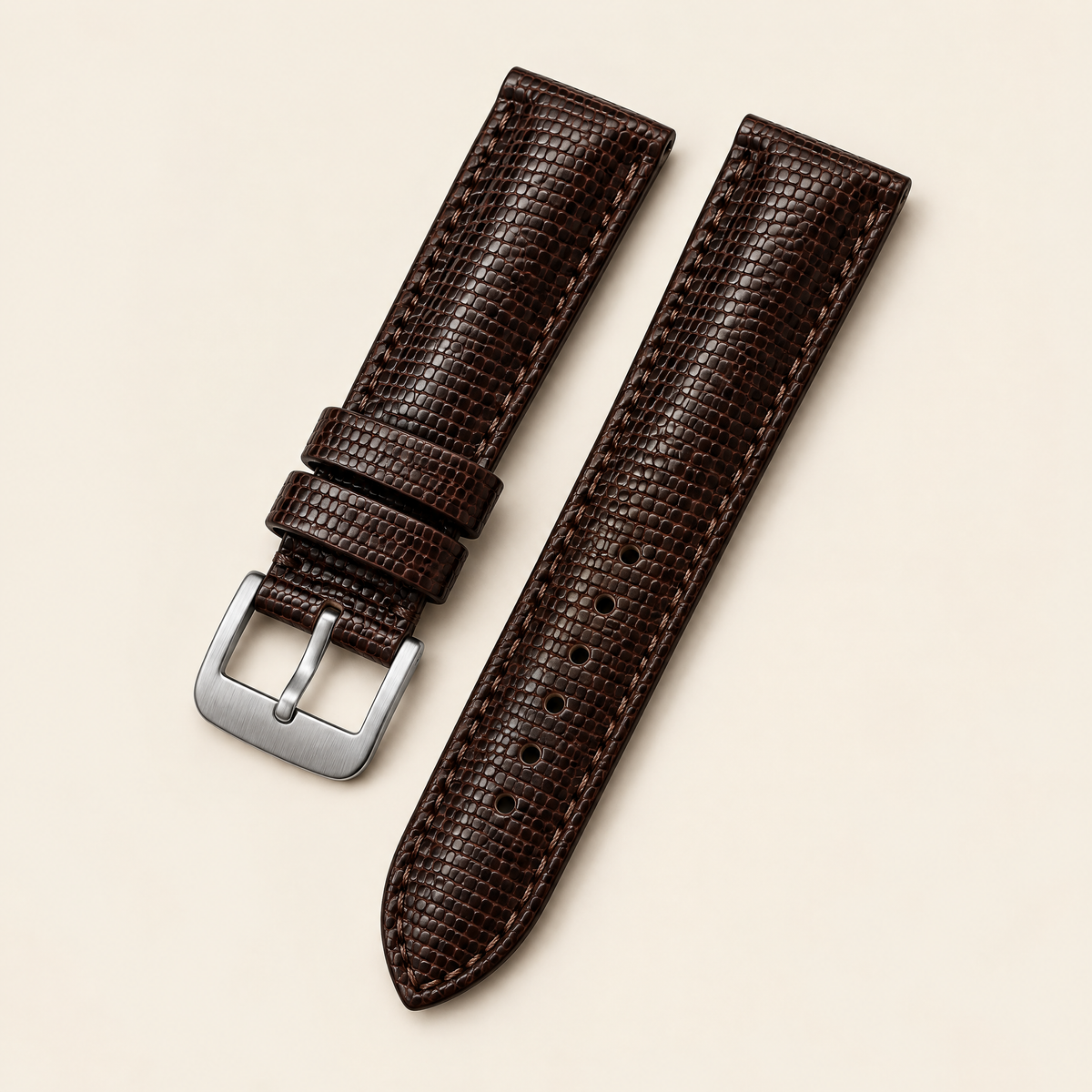Dark Brown Lizard Leather Watch Strap – Handstitched, Padded