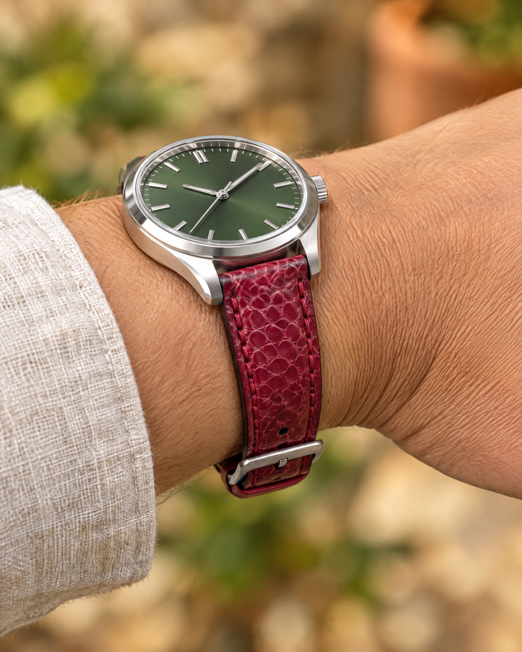 Raspberry Red Ostrich Leg Leather Watch Strap – Handstitched