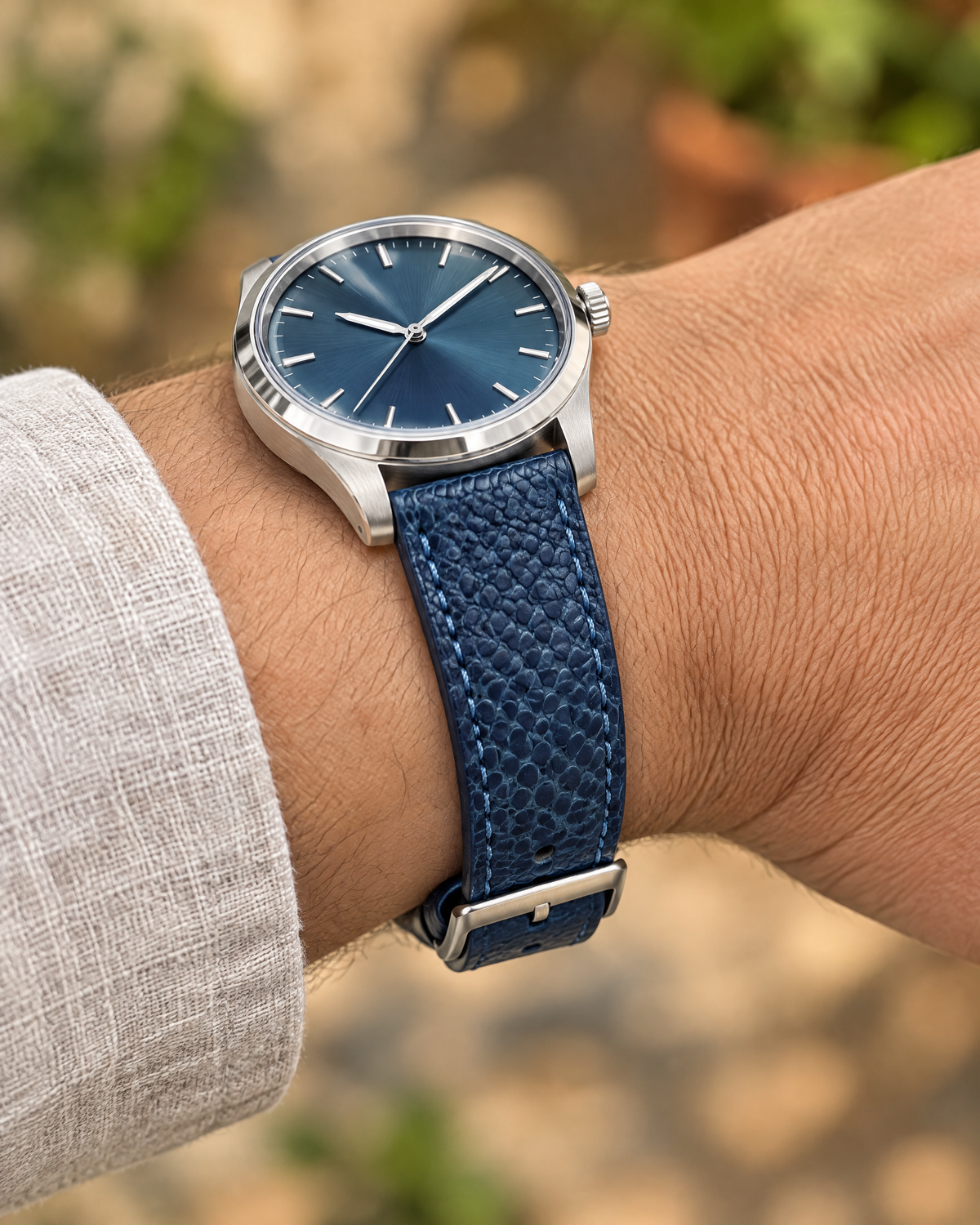 Blue Fine Scale Ostrich Leg Leather Watch Strap – Handstitched