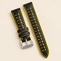 Black Yellow Rally Watch Strap Padded Small – Handstitched Epsom Leather with Racing Holes