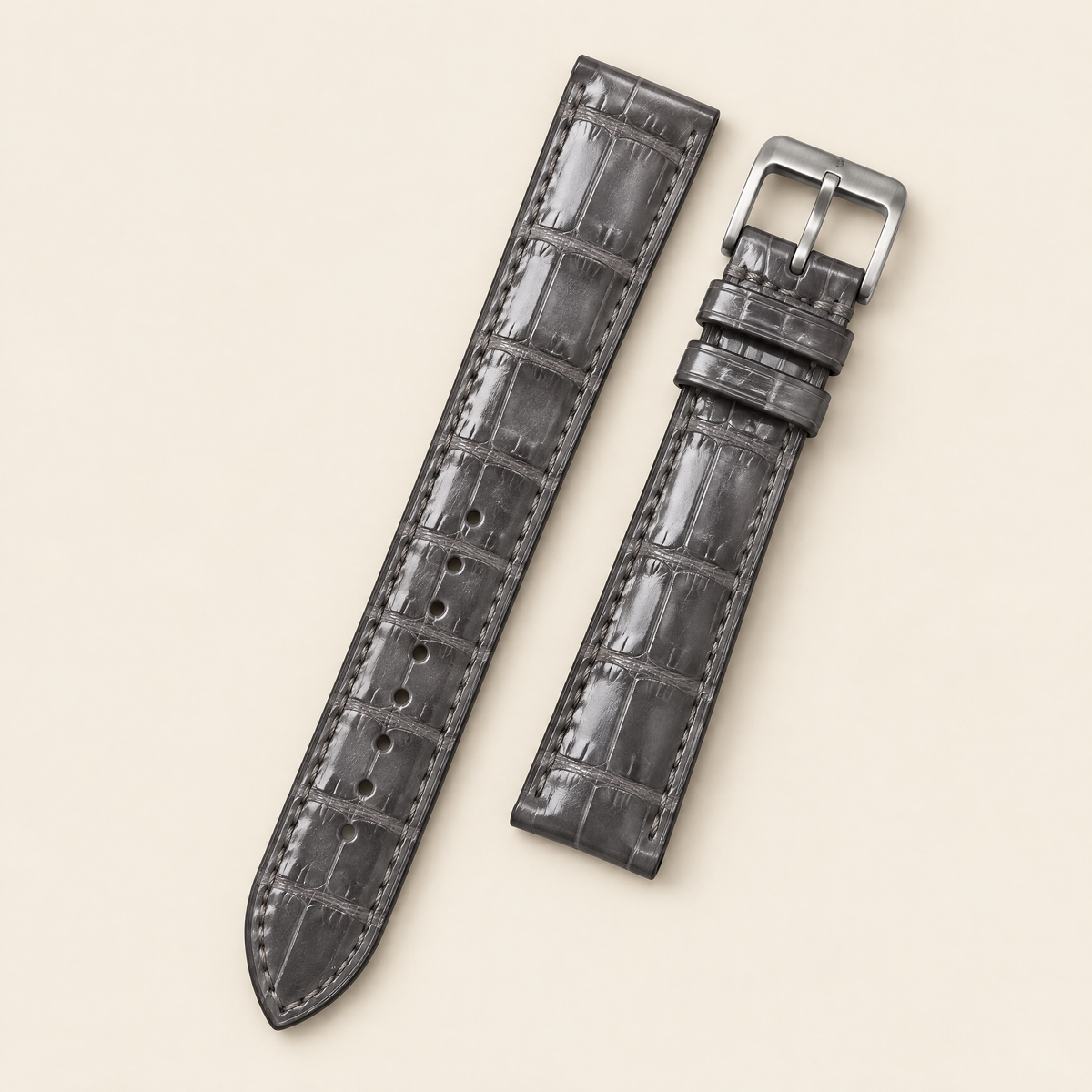 Gray Alligator Leather Watch Strap Flat – Hand-Finished
