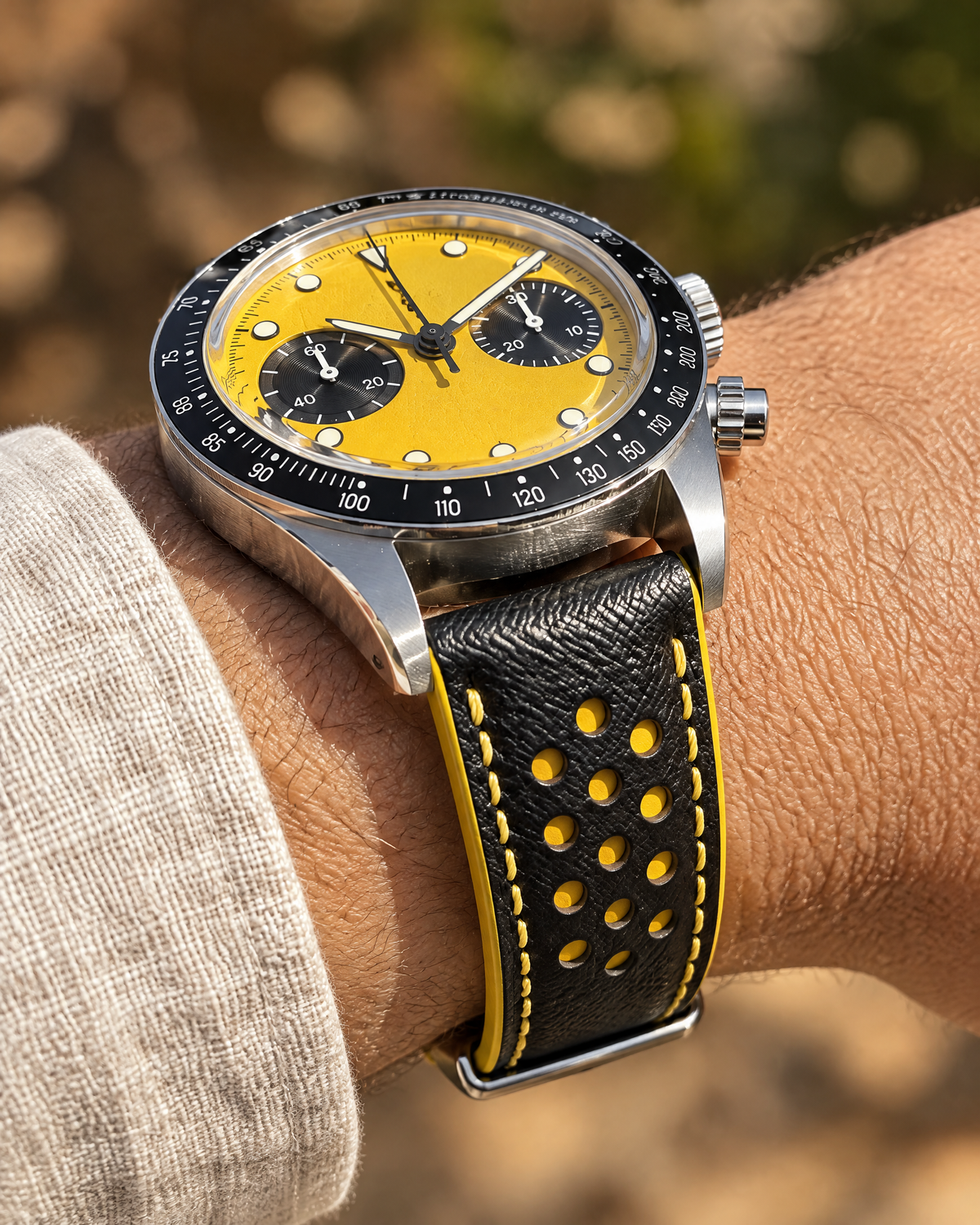 Black Yellow Rally Watch Strap Padded Small – Handstitched Epsom Leather with Racing Holes