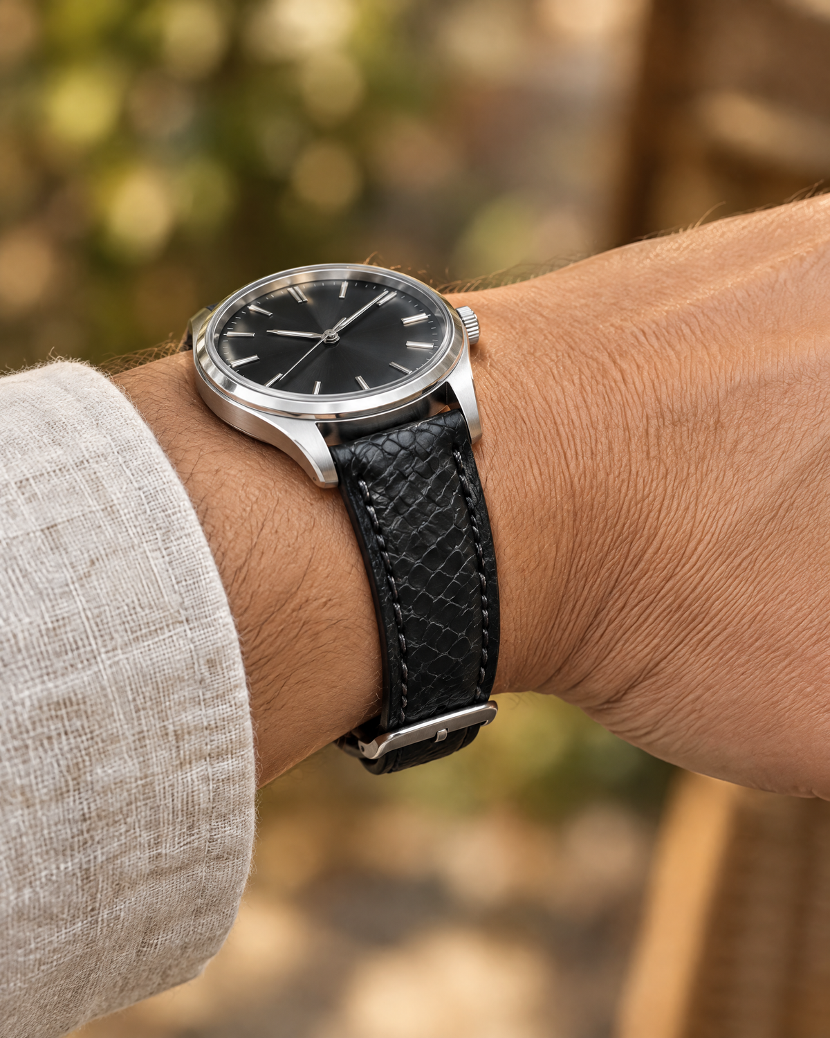Black Ostrich Leg Leather Watch Strap – Handstitched