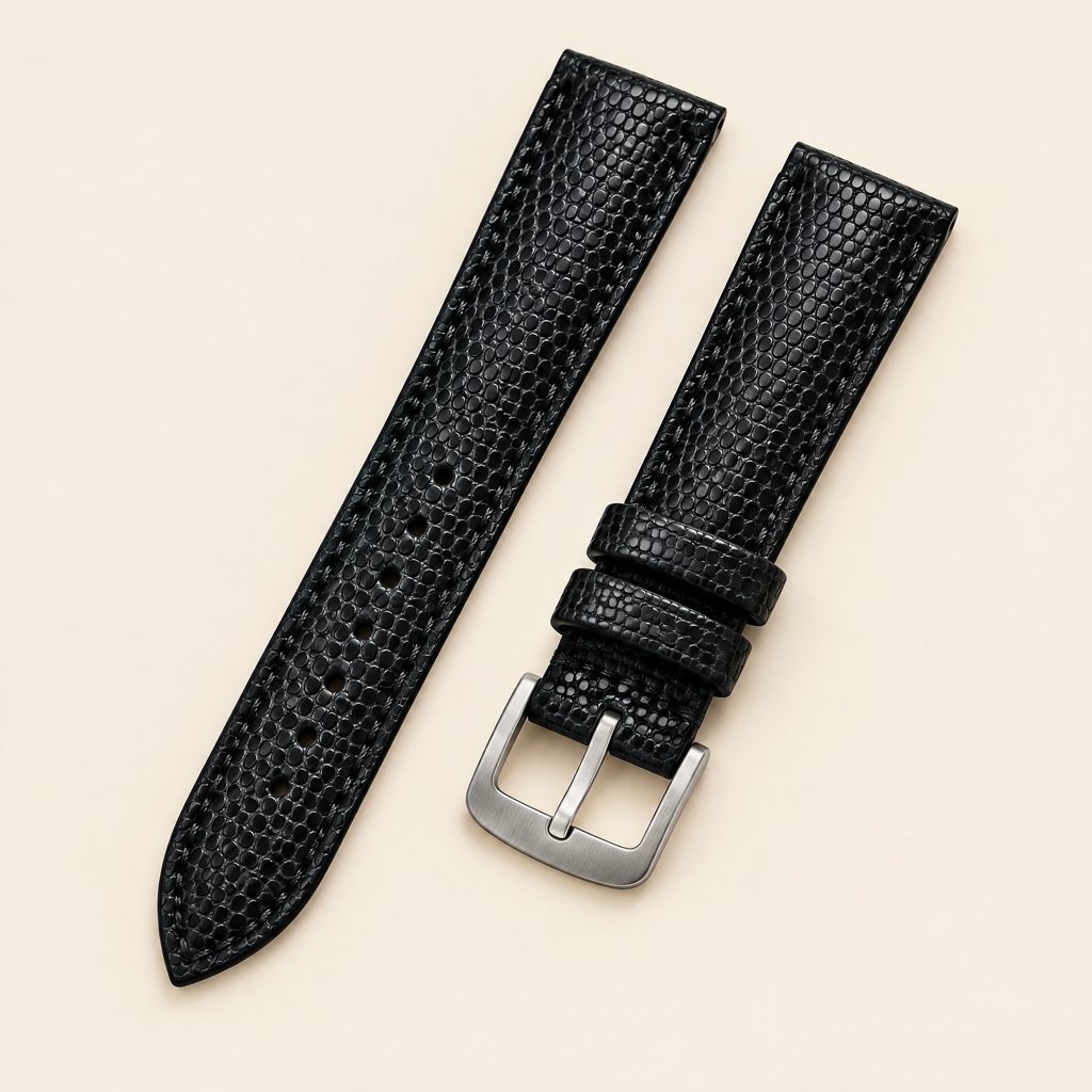 Black Lizard Leather Watch Strap, Black Stitch – Handstitched