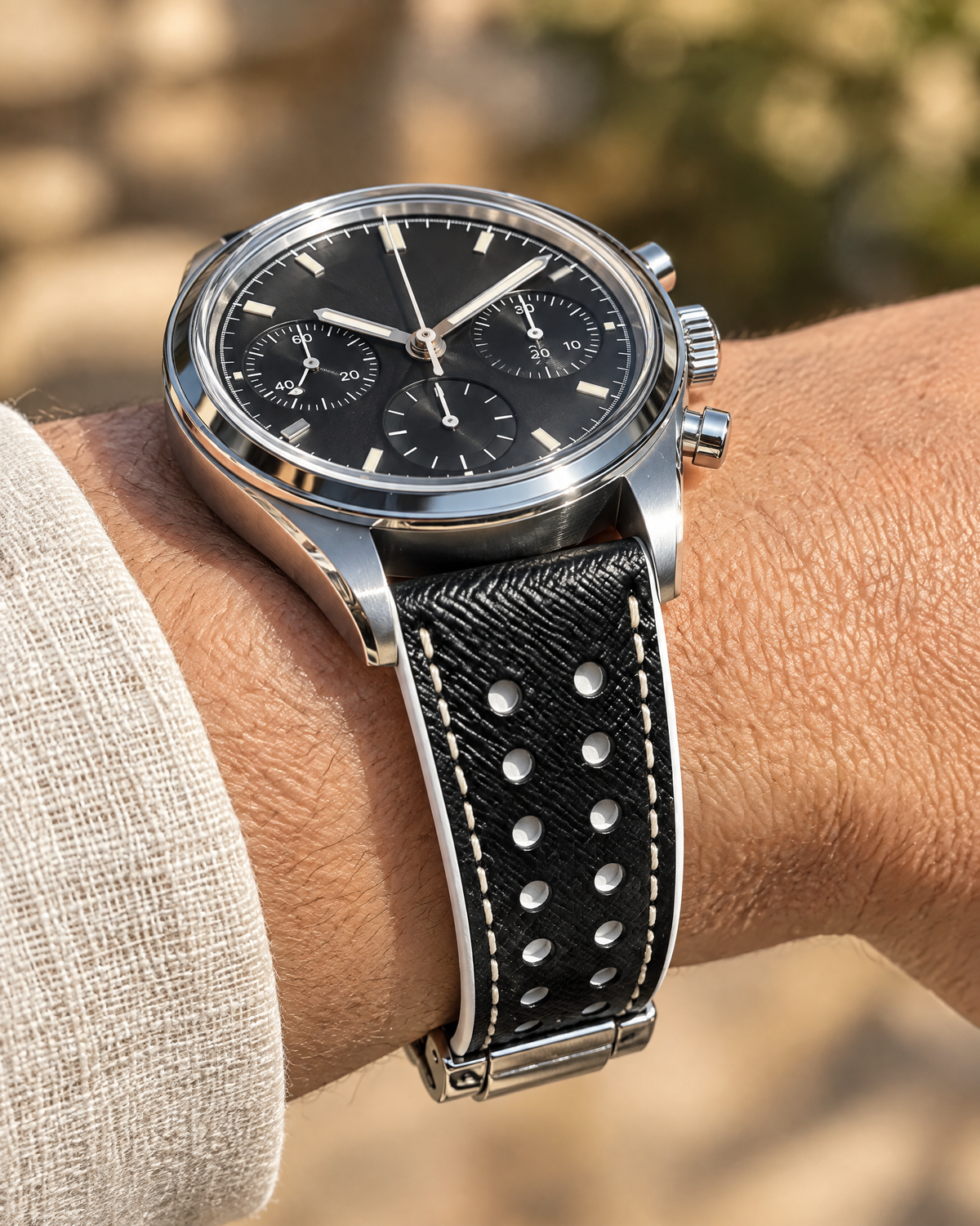 Black White Rally Watch Strap – Handstitched Epsom Leather with Racing Holes with Deployant Clasp