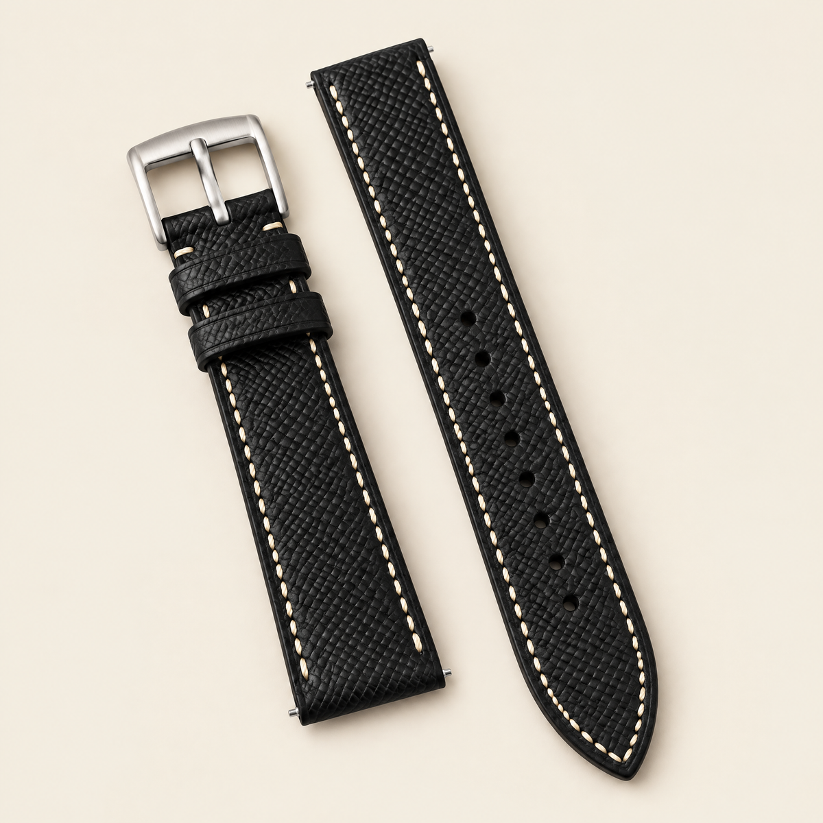 Black Cream Stitch Epsom Leather Watch Strap – Handstitched
