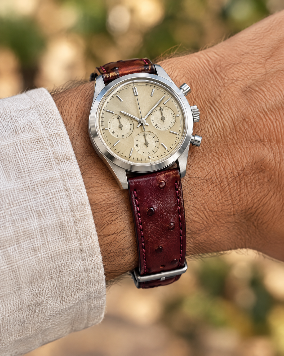 Oxblood Smooth Ostrich Leather Watch Strap – Handstitched