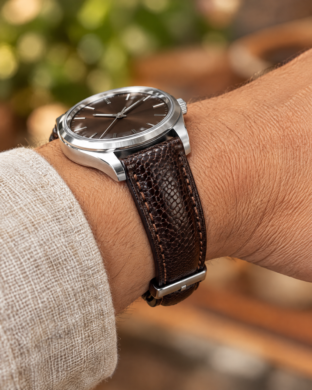 Dark Brown Lizard Leather Watch Strap – Handstitched, Padded