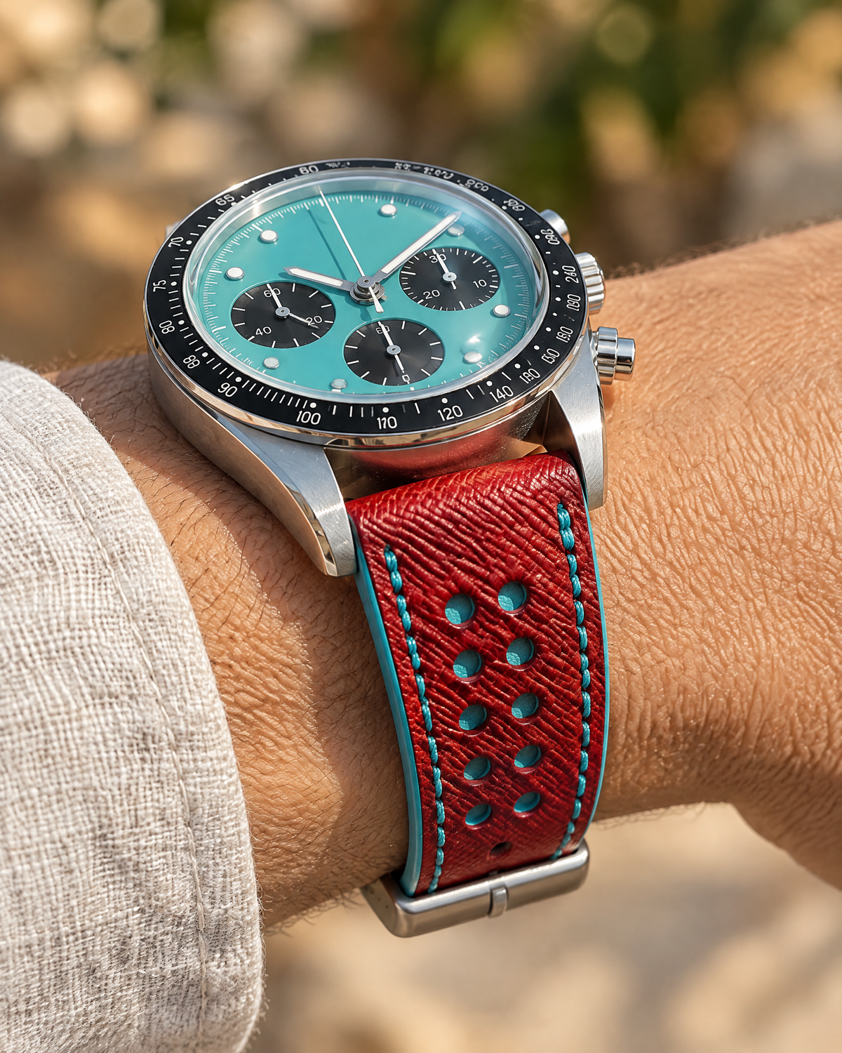 Red & Turquoise Rally Watch Strap Flat Small – Handstitched Epsom Leather with Racing Holes