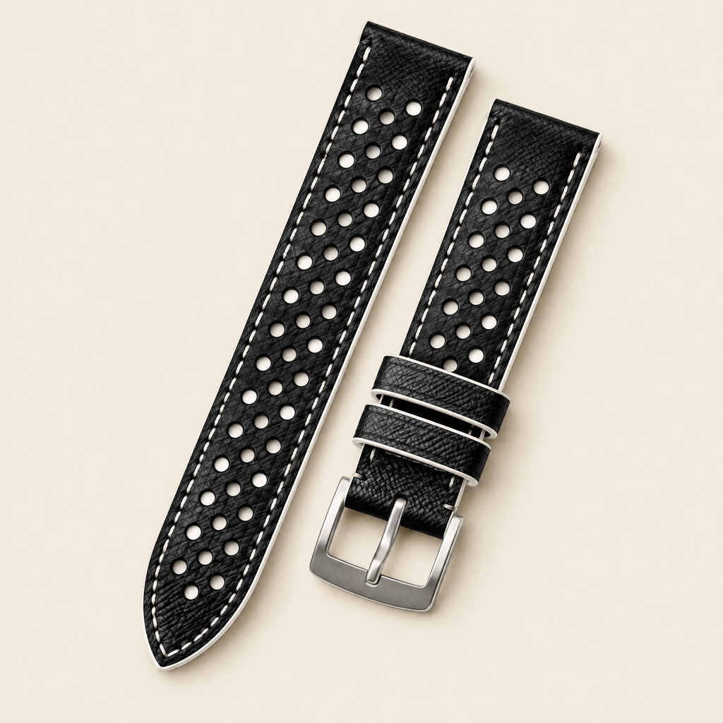 Black & White Rally Watch Strap – Handstitched Epsom Leather with Racing Holes