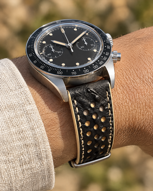 Black & Beige Rally Watch Strap – Handstitched Ostrich Leather with Racing Holes