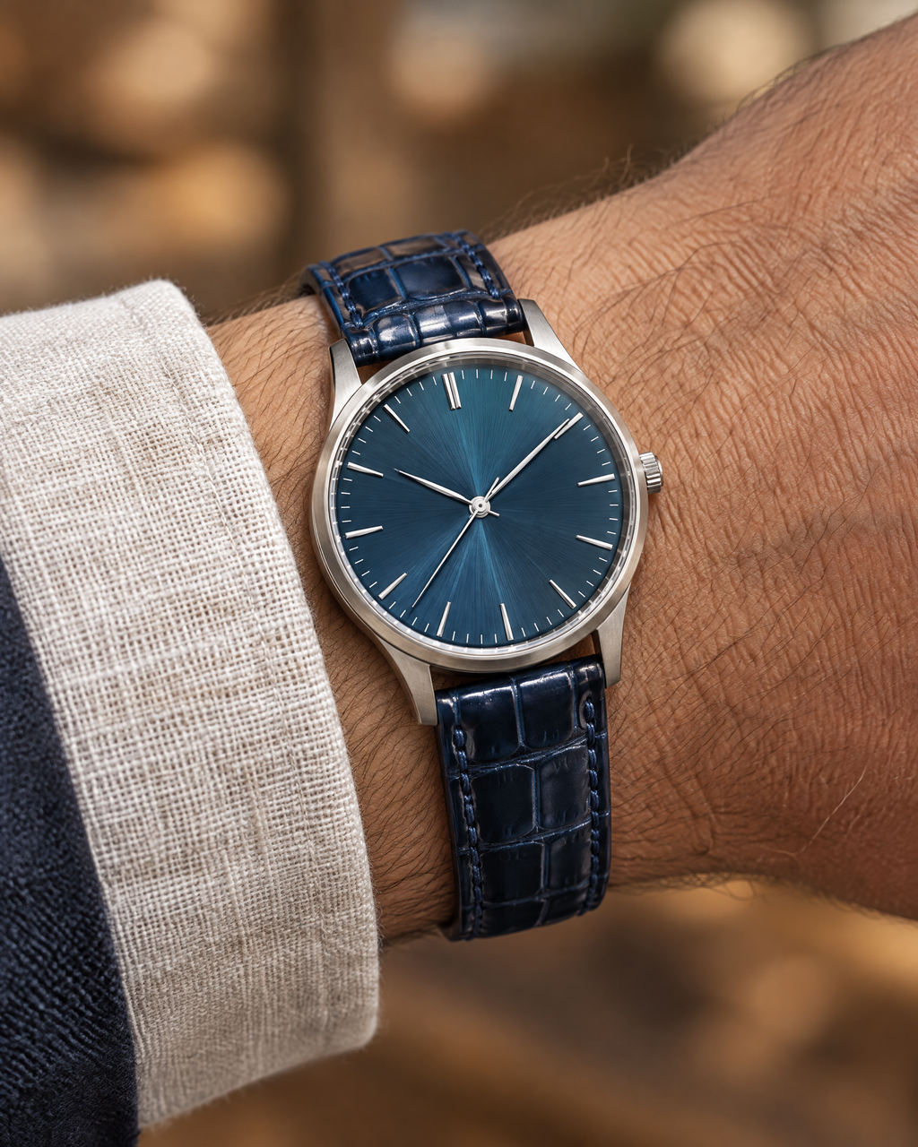 Navy Round Scale Alligator Leather Watch Strap – Handstitched
