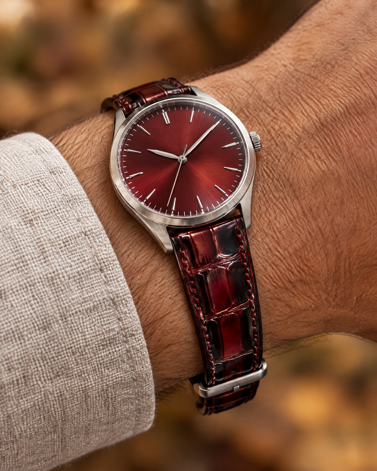 Patina Red and Black Alligator Leather Watch Strap – Handstitched