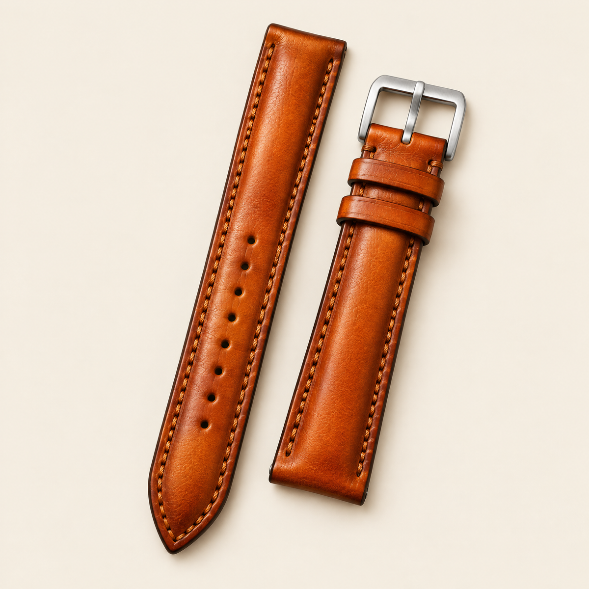 Cognac Orange Hand-Dyed Patina Leather Watch Strap – Handstitched, Padded