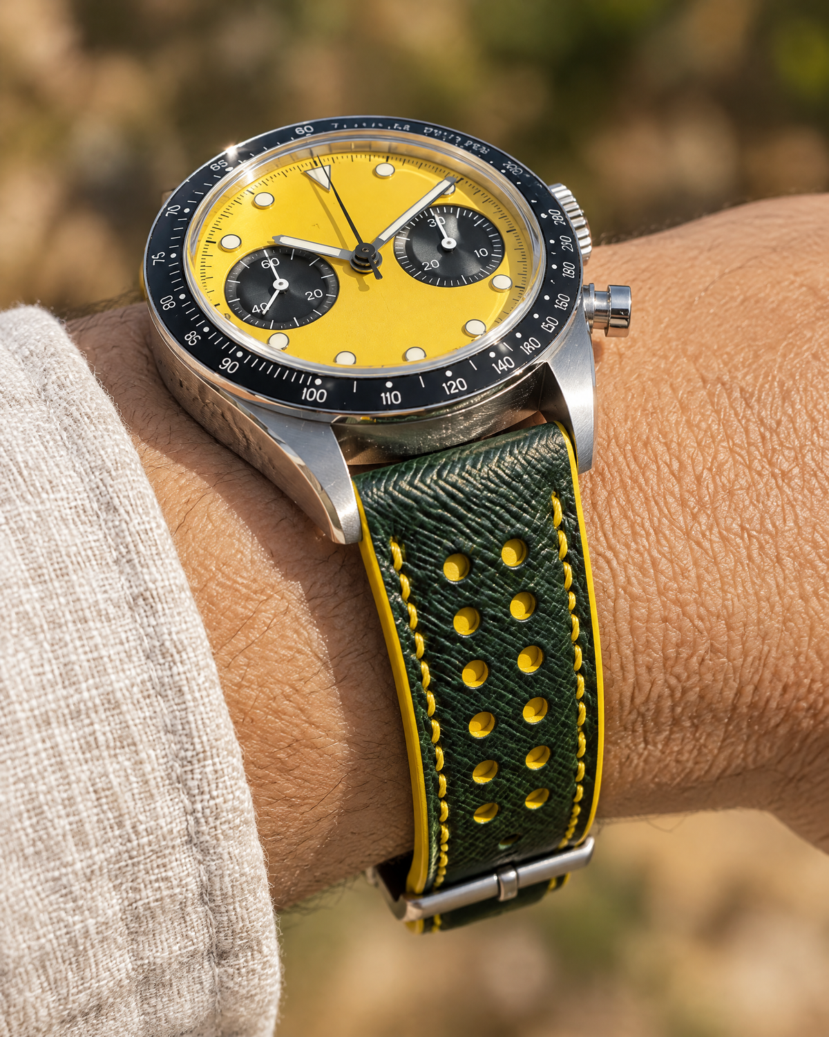 Forest Hunter Green & Yellow Rally Watch Strap – Handstitched Epsom Leather with Racing Holes