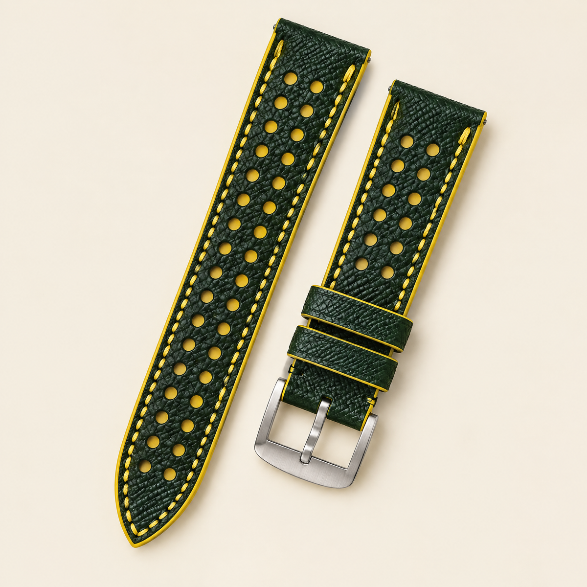 Forest Hunter Green & Yellow Rally Watch Strap – Handstitched Epsom Leather with Racing Holes