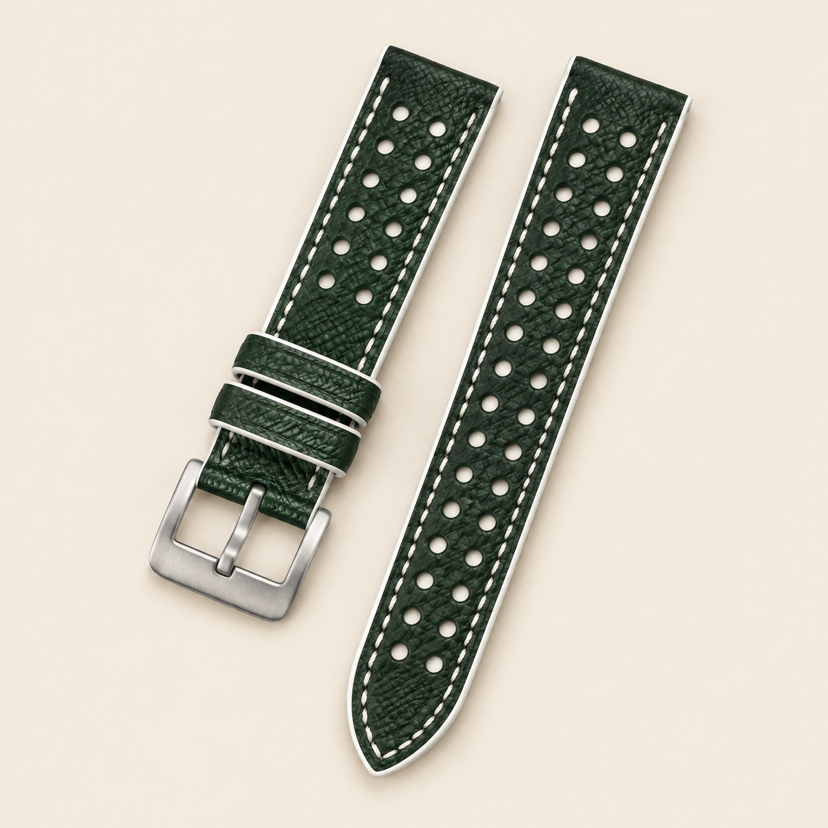 Hunter Green & White Rally Watch Strap – Handstitched Epsom Leather with Racing Holes
