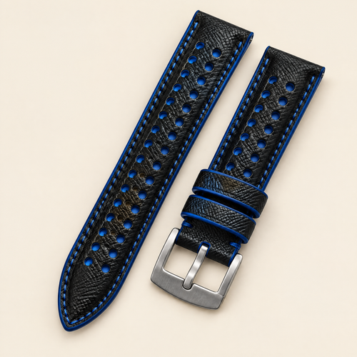 Black Blue Rally Watch Strap Padded Small – Handstitched Epsom Leather with Racing Holes
