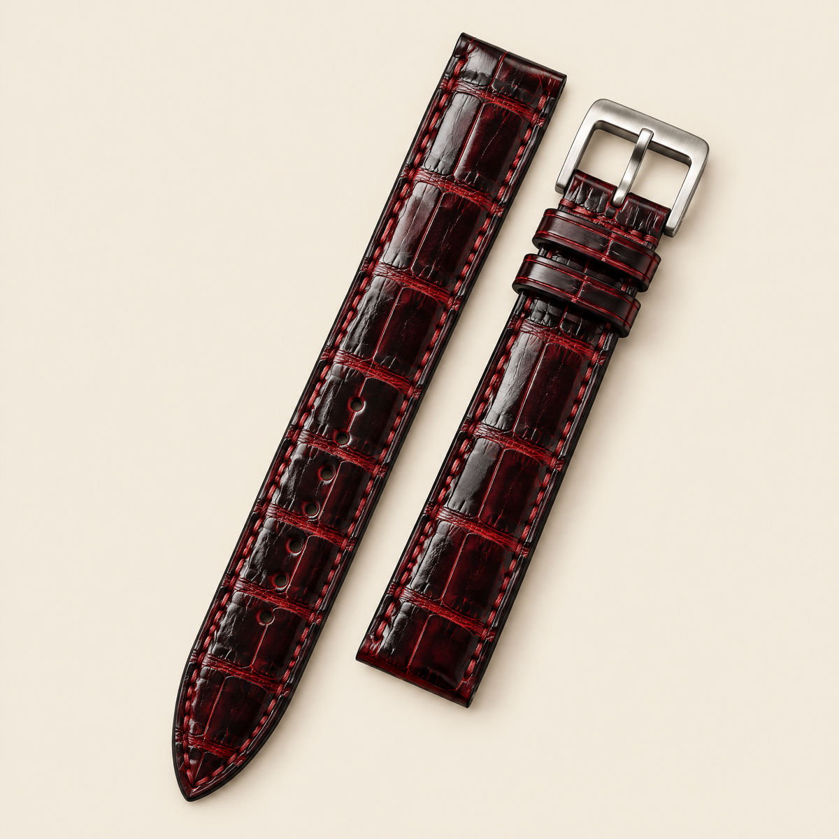 Patina Red and Black Alligator Leather Watch Strap – Handstitched