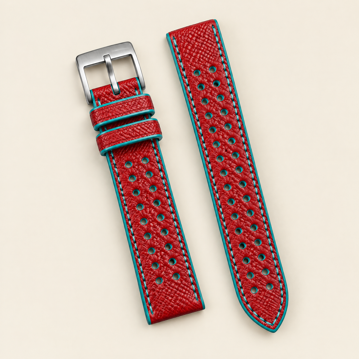 Red & Turquoise Rally Watch Strap Flat Small – Handstitched Epsom Leather with Racing Holes