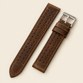 Vintage Tobacco Brown Rally Watch Strap Flat – Handstitched Waxed Pull-Up Leather with Racing Holes