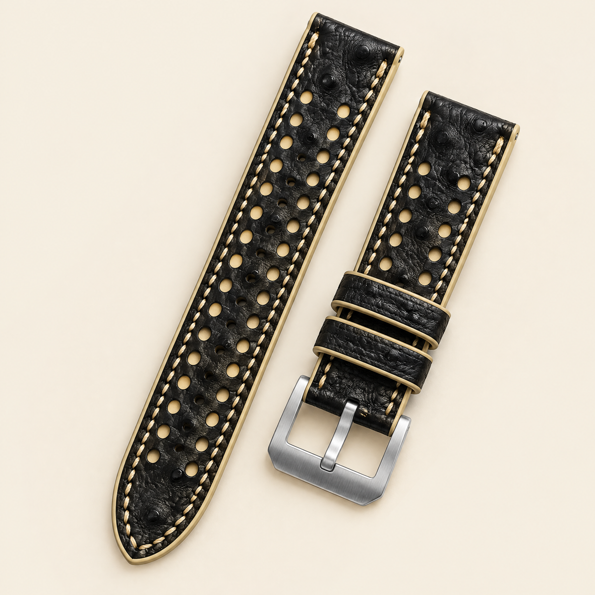Black & Beige Rally Watch Strap – Handstitched Ostrich Leather with Racing Holes