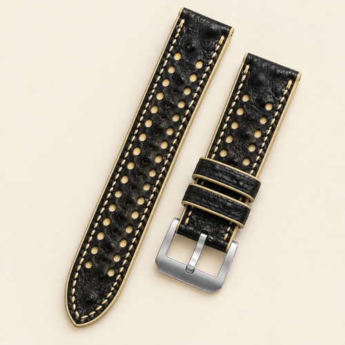 Black & Beige Rally Watch Strap – Handstitched Ostrich Leather with Racing Holes