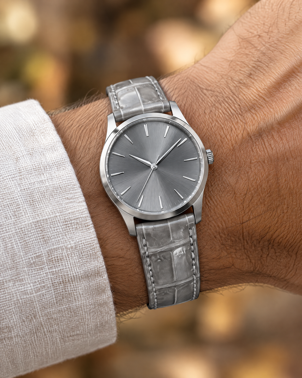 Patina Gray White Alligator Leather Watch Strap – Handstitched