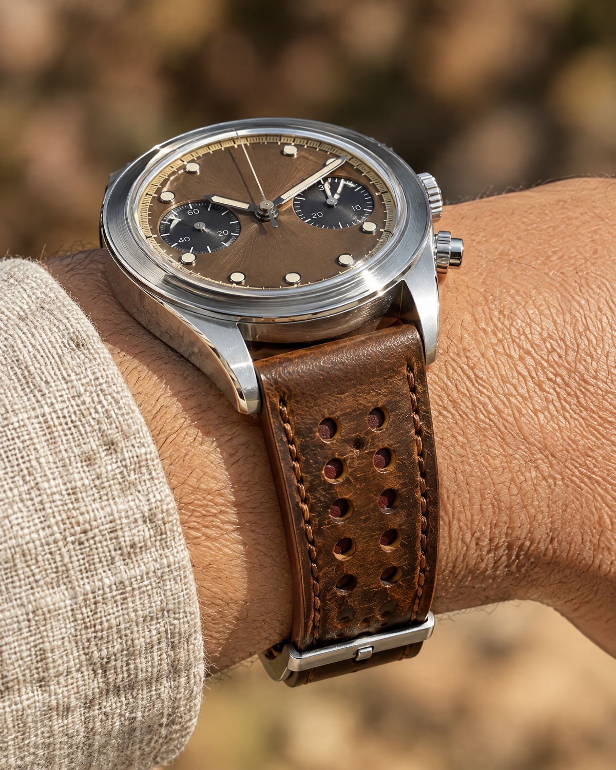 Vintage Tobacco Brown Rally Watch Strap Flat – Handstitched Waxed Pull-Up Leather with Racing Holes