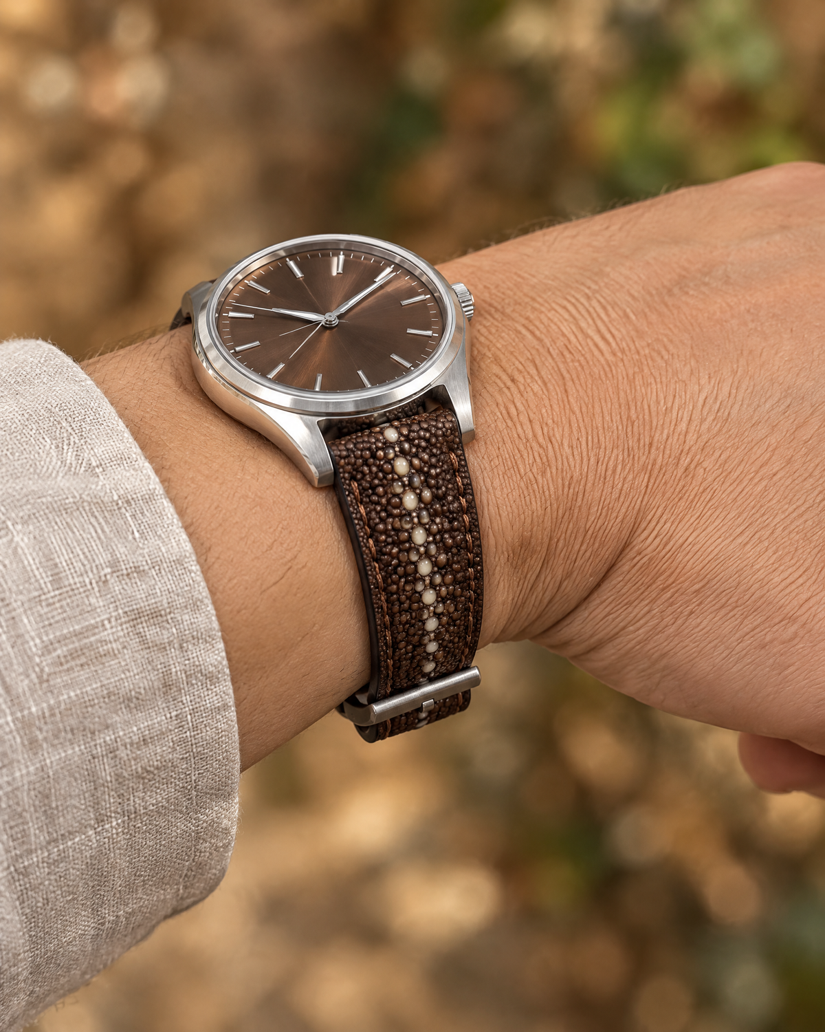 Brown Stingray Leather Watch Strap – Handstitched