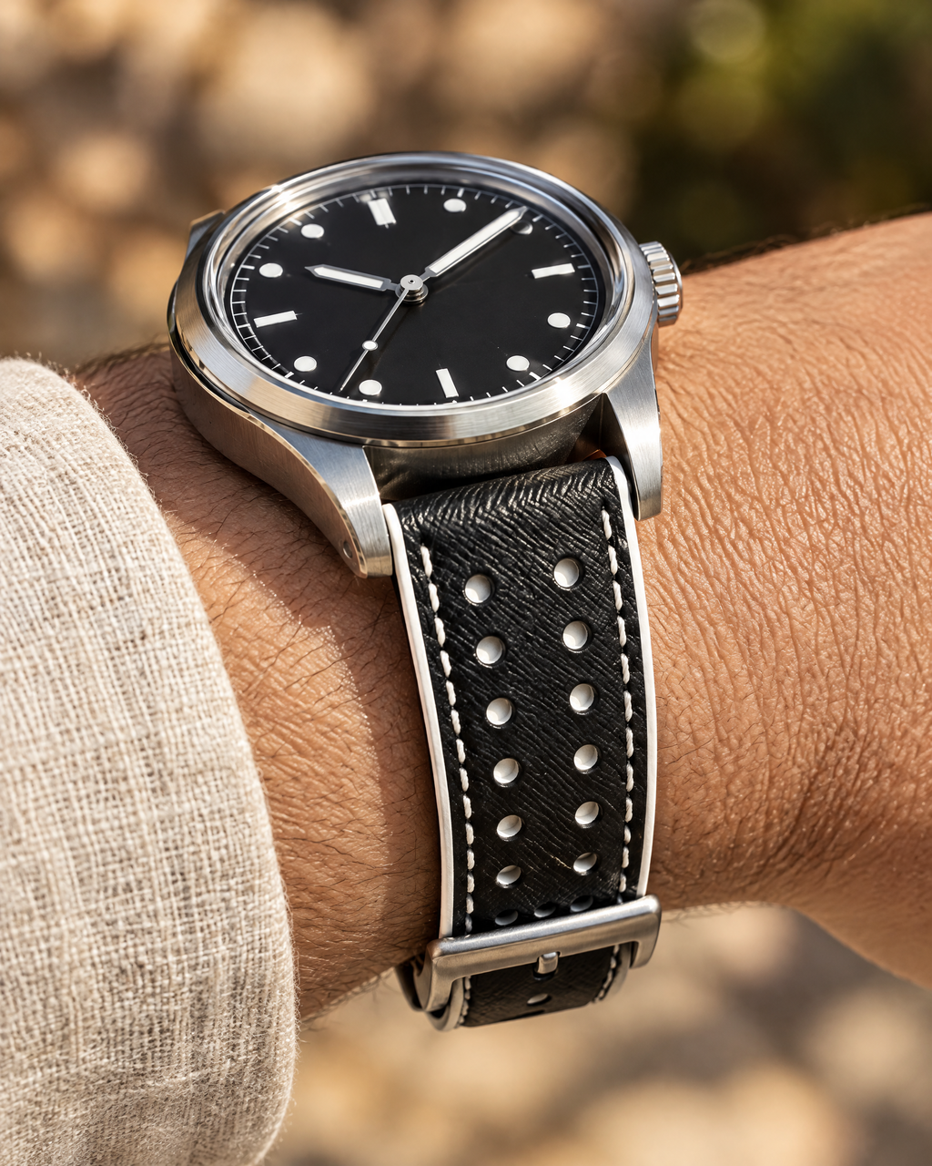 Black & White Rally Watch Strap – Handstitched Epsom Leather with Racing Holes