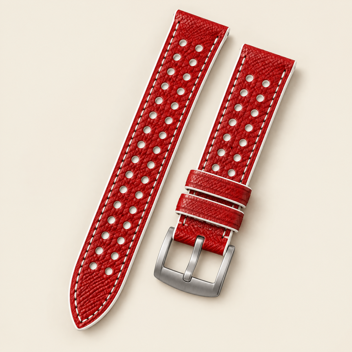 Red & White Rally Watch Strap – Handstitched Epsom Leather with Racing Holes