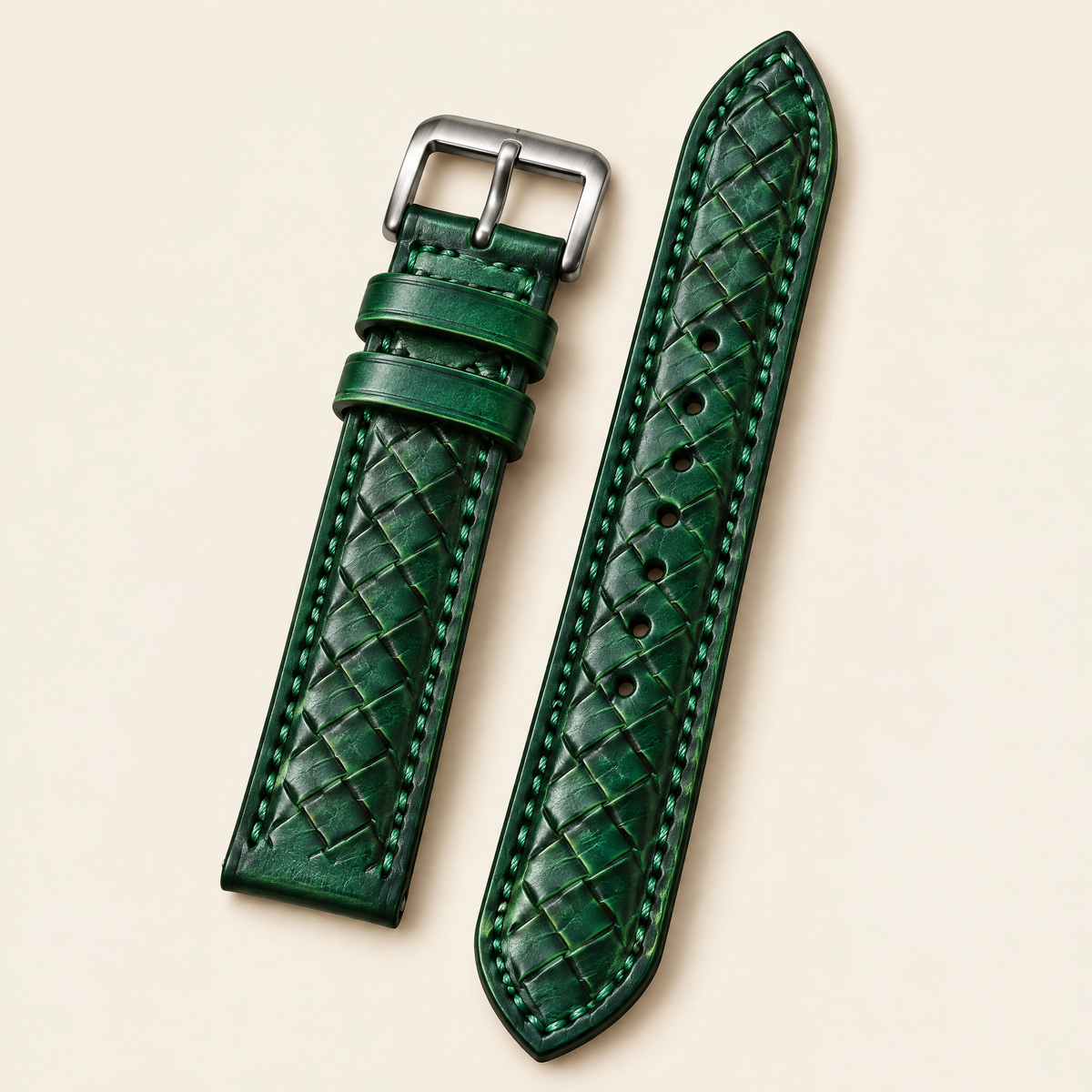 Hand Tooled Emerald Green Lattice Vegetable-Tanned Leather Watch Strap – Handstitched