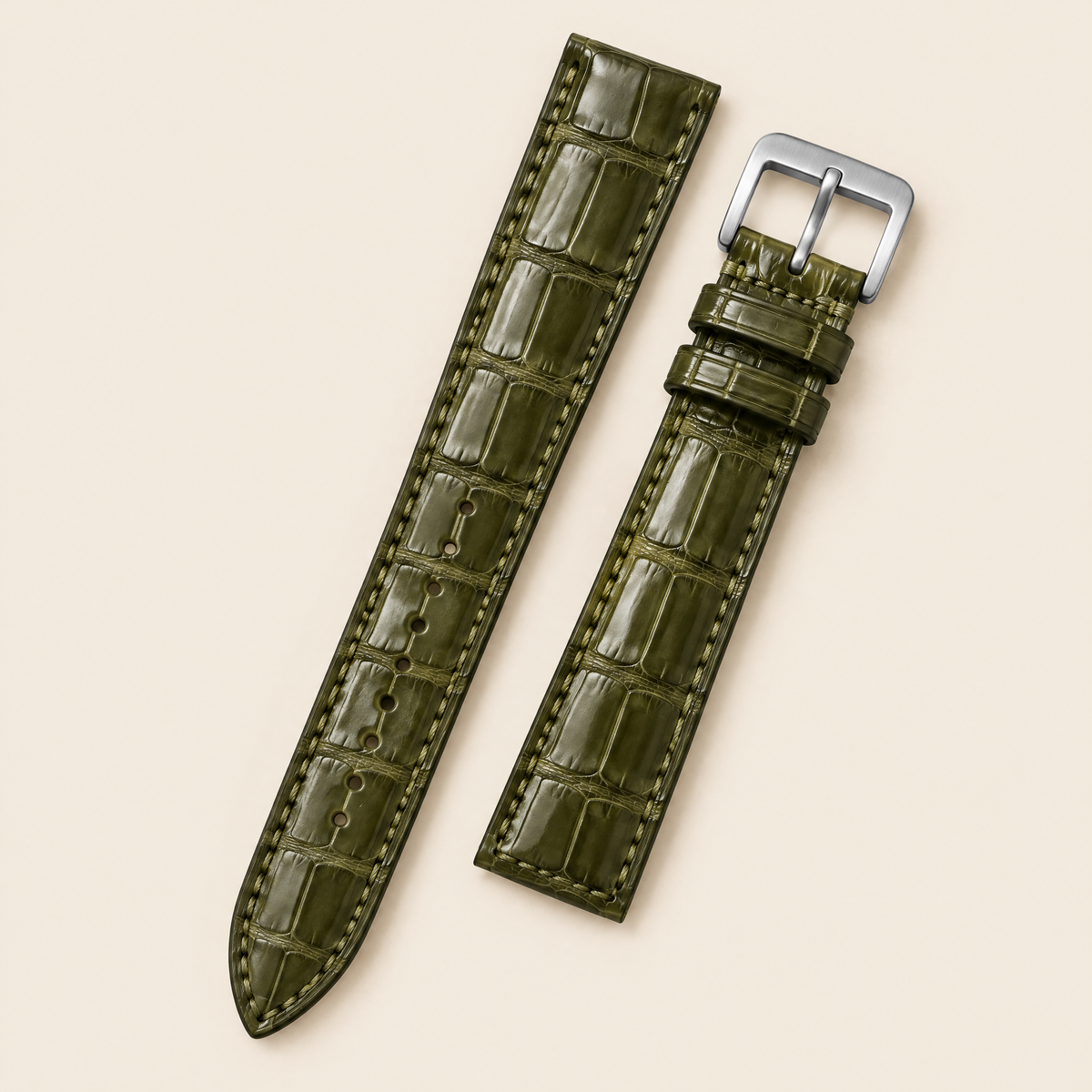 Patina Olive Green Alligator Leather Watch Strap – Handstitched
