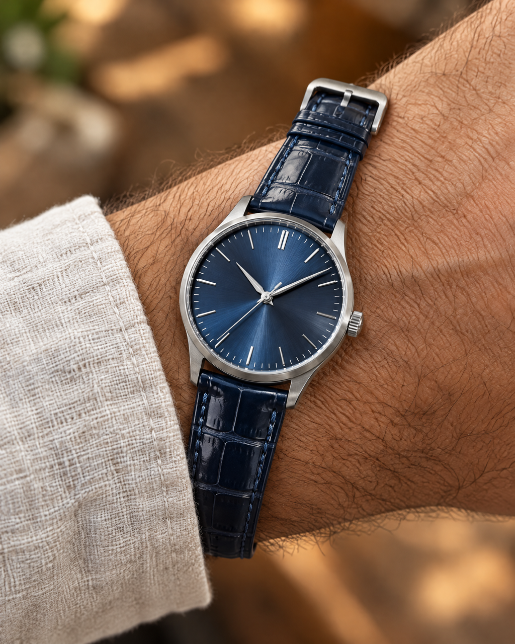 Patina Dark Blue Alligator Leather Watch Strap – Handstitched