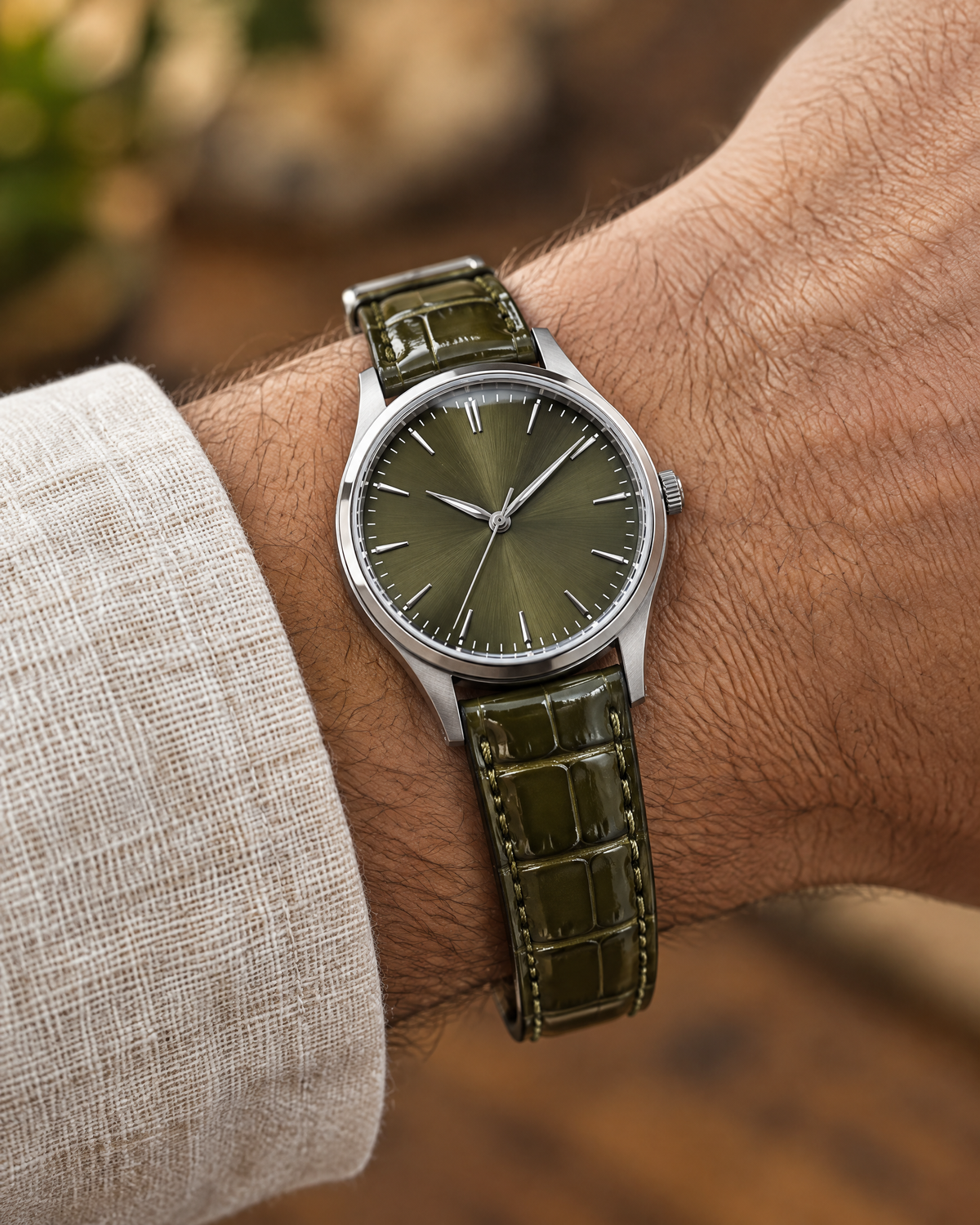 Patina Olive Green Alligator Leather Watch Strap – Handstitched