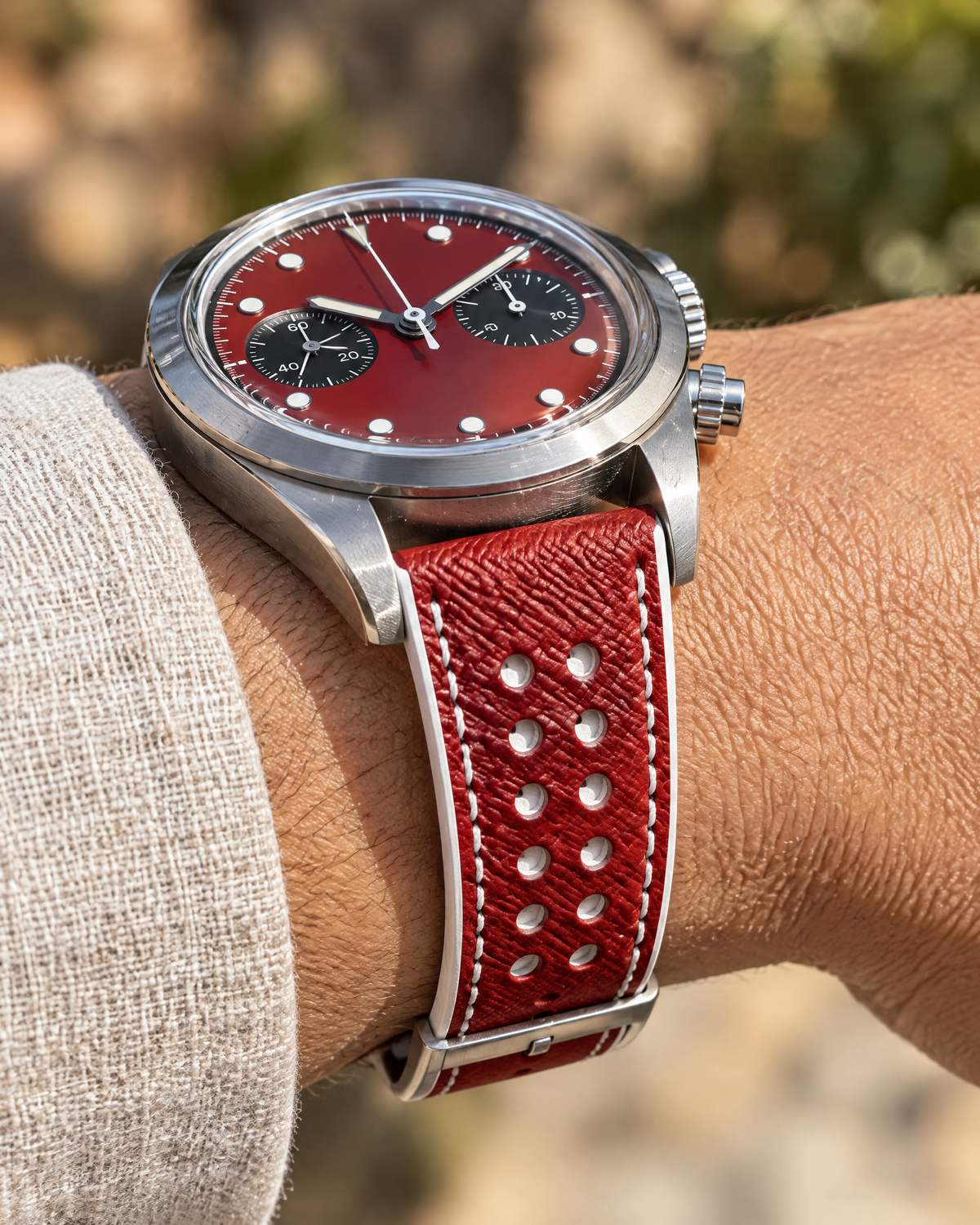Red & White Rally Watch Strap – Handstitched Epsom Leather with Racing Holes
