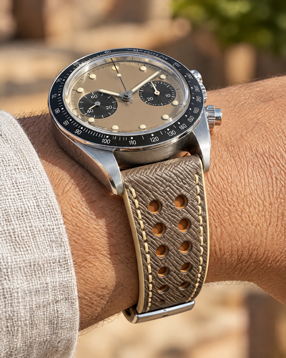 Taupe Rally Watch Strap – Handstitched Epsom Leather with Racing Holes